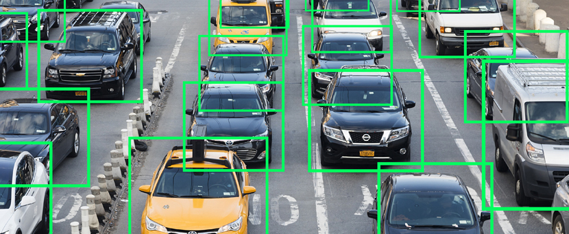 Cars in tolling line with a green square around them